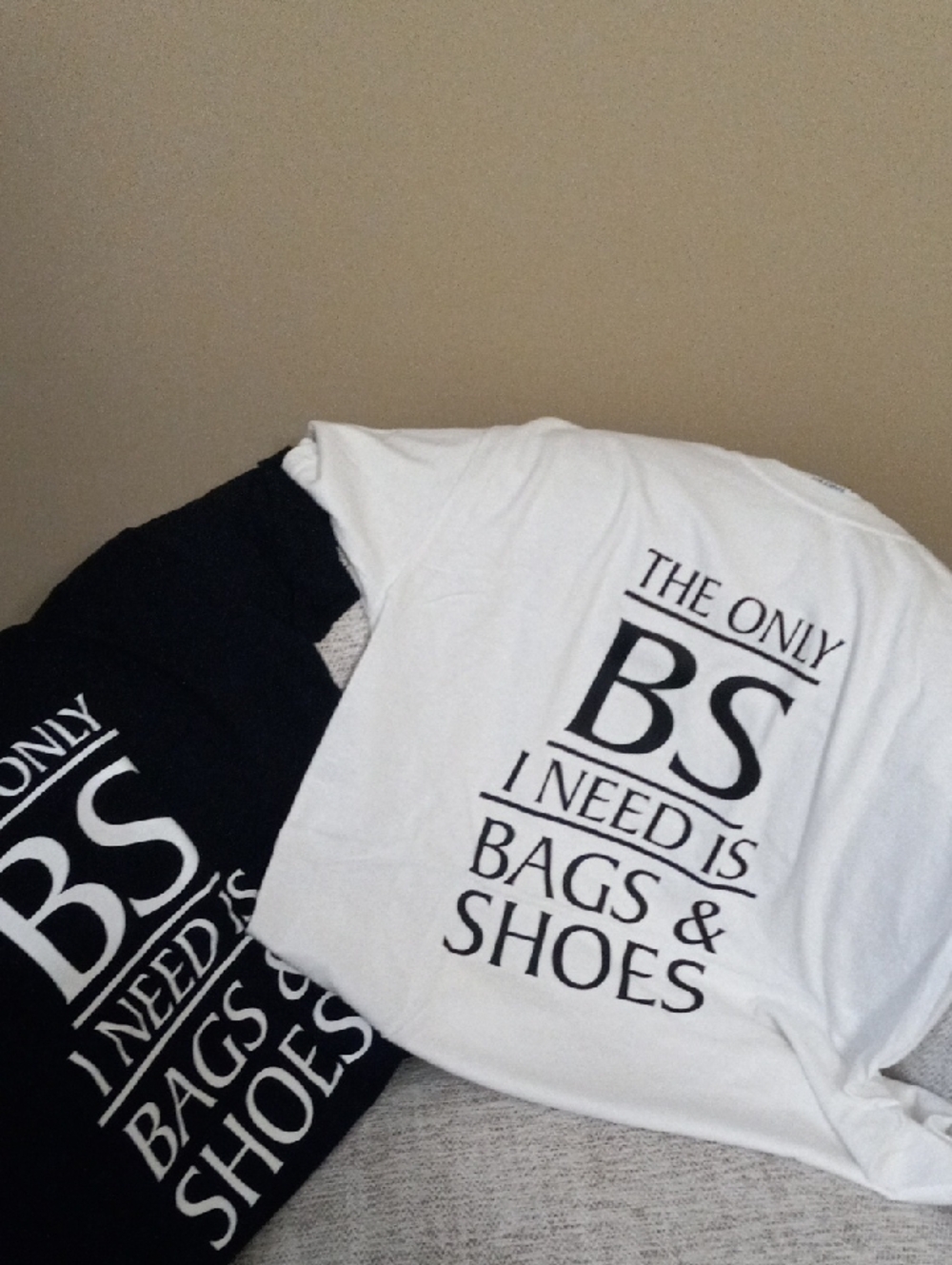Graphic Tee "The Only BS I Need Is Bags & Shoes" - White,Black,Teal